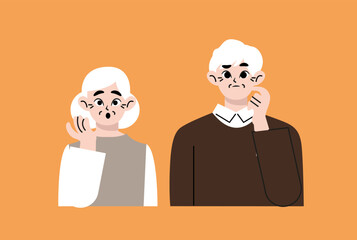 Elderly man and an elderly woman thought about the problem. Cute grandma and grandpa solve the problem. Pensioners are in a quandary. Concept of elderly people in a flat trending style. 