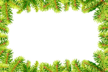 Fototapeta na wymiar Frame of green Christmas tree branches isolated on white background.