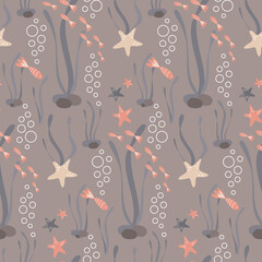 Pastel seamless pattern with fish and starfish for summer background in nuatical style. Flat design