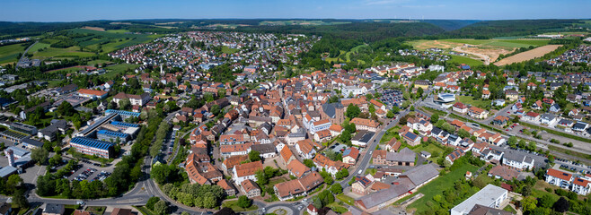 Aerial view of the old town of the city Buchen in Germany. On a sunny day in summer