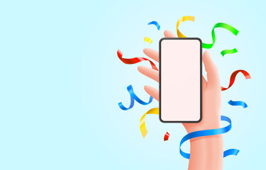 Smartphone in hand, greeting card with colored ribbons. Vector