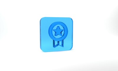 Blue Game rating with medal icon isolated on grey background. Level results for game. Glass square button. 3d illustration 3D render