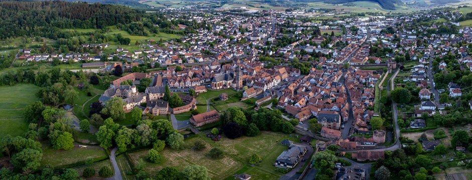 Aerial view around the city Büdingen in Germany on a sunny afternoon in spring
