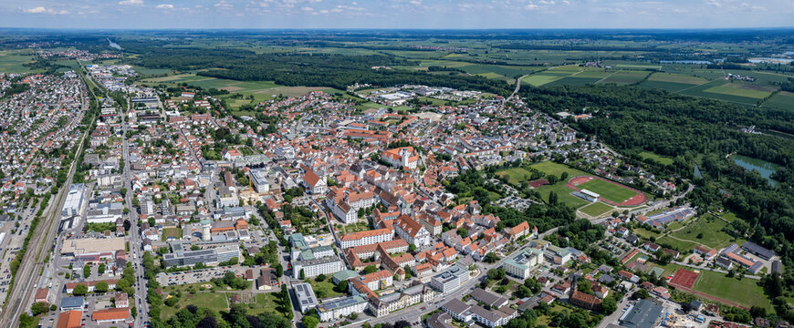 Aerial view around the old town of the city Dillingen in Germany, Bavaria on a sunny day in summer
