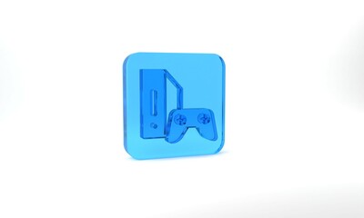 Fototapeta na wymiar Blue Video game console with joystick icon isolated on grey background. Glass square button. 3d illustration 3D render