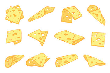 Hand drawn set of cheese parts and slices isolated on a white background. Cheese icon. Vector cheese clipart