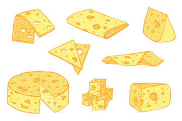 Hand drawn set of cheese parts and slices isolated on a white background. Cheese icon. Vector cheese clipart