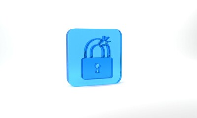 Blue Broken or cracked lock icon isolated on grey background. Unlock sign. Glass square button. 3d illustration 3D render