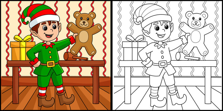 Christmas Elf Coloring Page Colored Illustration