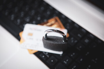 Online payments, secure online shopping and data encryption security concept with padlock
