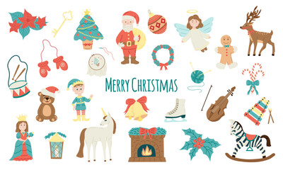 Obraz na płótnie Canvas Christmas set. Flat vector illustration. Santa, deer, zebra, fireplace, bear, elf, unicorn, angel, wreath.