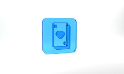 Blue Playing cards icon isolated on grey background. Casino gambling. Glass square button. 3d illustration 3D render