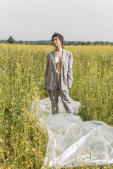 An Asian model poses in a field of yellow flowers for a clothing brand, polyethylene is the main...