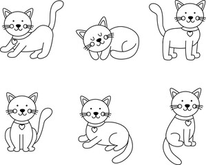 Set of cute cats in cartoon style. Coloring page for kids.