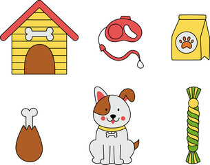 Set of dog and dog accessories in cartoon style.