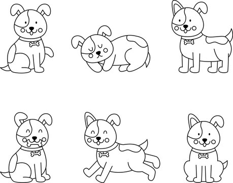 Set of cute dogs in cartoon style. Coloring page for kids.