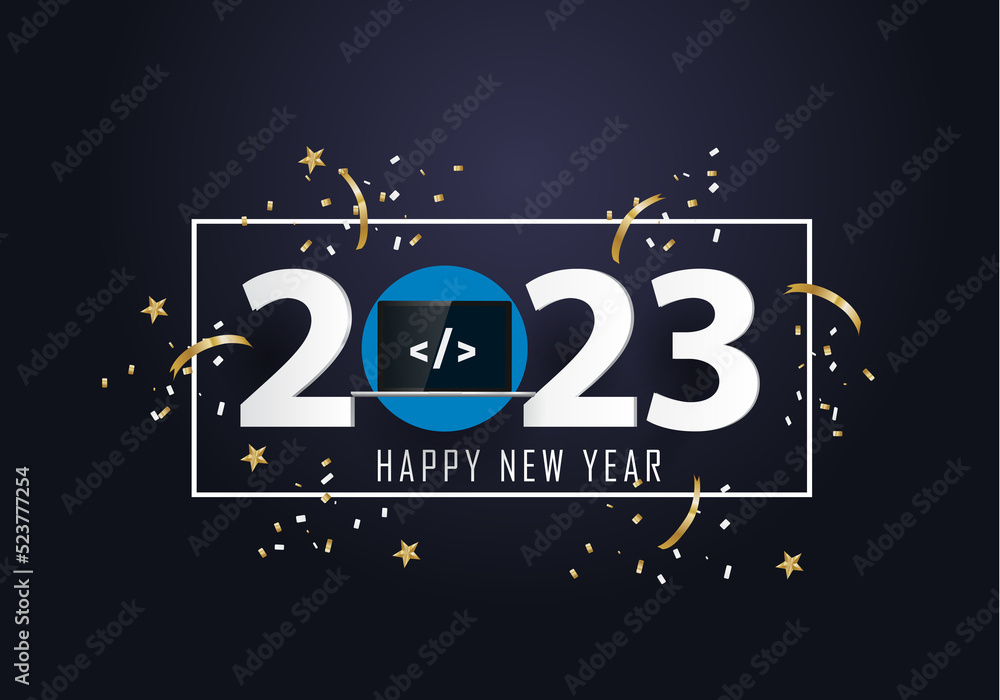 Poster happy new year 2023. year 2023 with laptop and programming code on screen