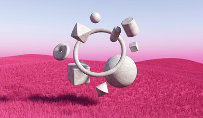 Floating Levitation concrete geometric shapes on pink field of grass - 523778034