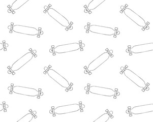 Vector seamless pattern of hand drawn sketch doodle longboard skateboard isolated on white background