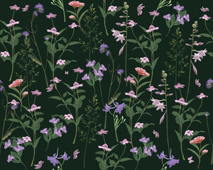Seamless pattern pink wildflowers and butterflies