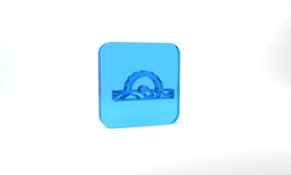 Blue Electric circular saw with steel toothed disc icon isolated on grey background. Electric hand tool for cutting wood or metal. Glass square button. 3d illustration 3D render