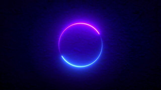glowing loop neon animation. spin geometric rotation abstract element. light beam dynamic movement laser ring, round eclipse motion power balance space graphic blue and purple shape particle effect
