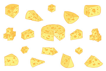 Hand drawn set of cheese parts and slices isolated on a white background. Cheese icon. Vector cheese clipart