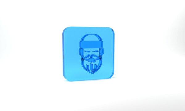 Blue Bearded lumberjack man icon isolated on grey background. Glass square button. 3d illustration 3D render