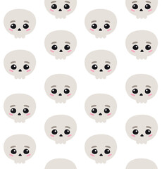 Vector seamless pattern of hand drawn flat kawaii skull isolated on white background