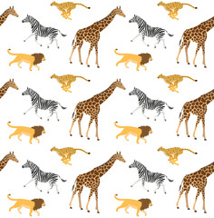Vector seamless pattern of hand drawn flat African animals isolated on white background