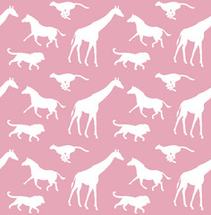 Vector seamless pattern of hand drawn flat African animals silhouette isolated on pink background