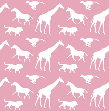Vector seamless pattern of hand drawn flat African animals silhouette isolated on pink background