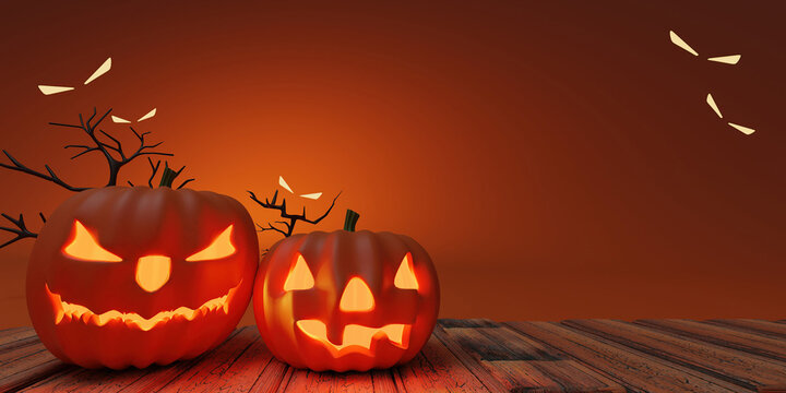 Halloween festival. Spooky halloween pumpkin on a wooden bench. 3d render