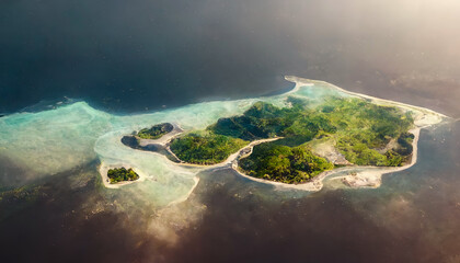 Islands in the ocean. Philippine fantasy islands in the ocean aerial photography. Beautiful landscape, clouds. 3D illustration.