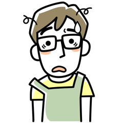 疲れ切っているエプロンを着けた若い男性