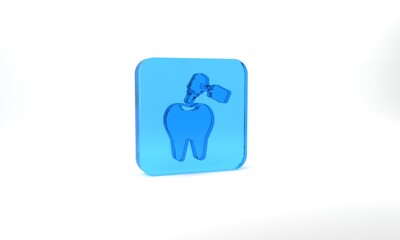 Blue Tooth with caries and tooth drill icon isolated on grey background. Tooth decay. Glass square button. 3d illustration 3D render