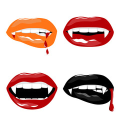 Set of four vampire mouth, lips with glossy lipstick, smiling with fangs, vector illustration.