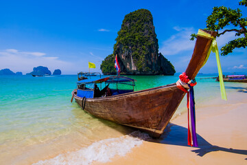 Tropical ocean beach in Thailand, Beautiful tropical landscape with boat,