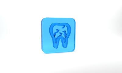 Blue Broken tooth icon isolated on grey background. Dental problem icon. Dental care symbol. Glass square button. 3d illustration 3D render
