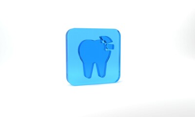 Blue Broken tooth icon isolated on grey background. Dental problem icon. Dental care symbol. Glass square button. 3d illustration 3D render