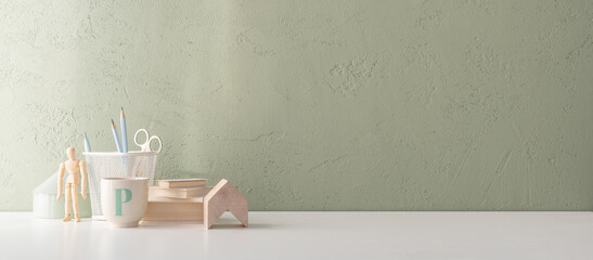 Home office desk with office supplies and empty table space...