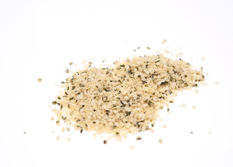 Hemp seeds isolated on white background. high amgle view with copy space