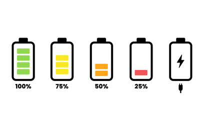 Battery charge percentage inscription. Charge level indicator. Fully charged