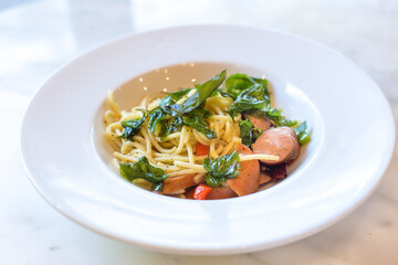 Thai spicy stir fried with Spaghetti, Kurobuta Pork Sausage,