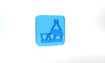 Blue Bottle of sake, small cup of sake icon isolated on grey background. Glass square button. 3d illustration 3D render