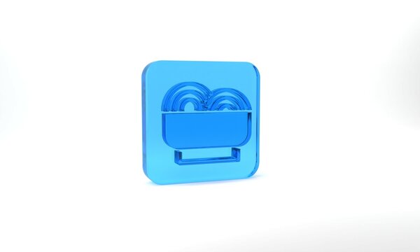 Blue Asian noodles in bowl and chopsticks icon isolated on grey background. Street fast food. Korean, Japanese, Chinese food. Glass square button. 3d illustration 3D render