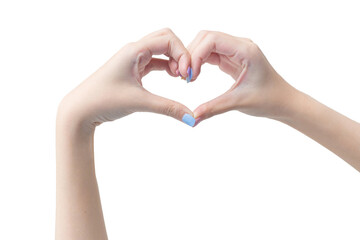 Beautiful female hand shows heart symbol as love sign on a white background in manicure concept.