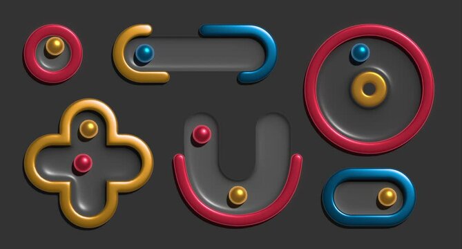 4K looped 3D animated video. A metal ball rolls in a circle. Glossy sphere in a cruciform shape. On off switch. A pattern of convex and concave shapes. Minimalistic Animated Interface