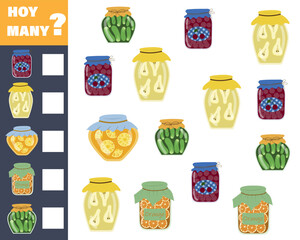 Children's math game count how many jars of jam. Vector isolated on a white background