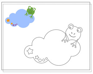 Coloring book for children. Draw a cute cartoon frog sleeping in the clouds based on the drawing. Vector